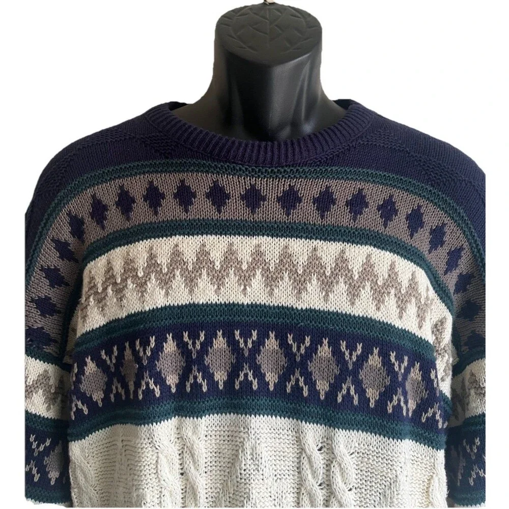 Vtg Royal Knight Grandpa Sweater Abstract Pattern Geometric Checkers Chunky Blue
